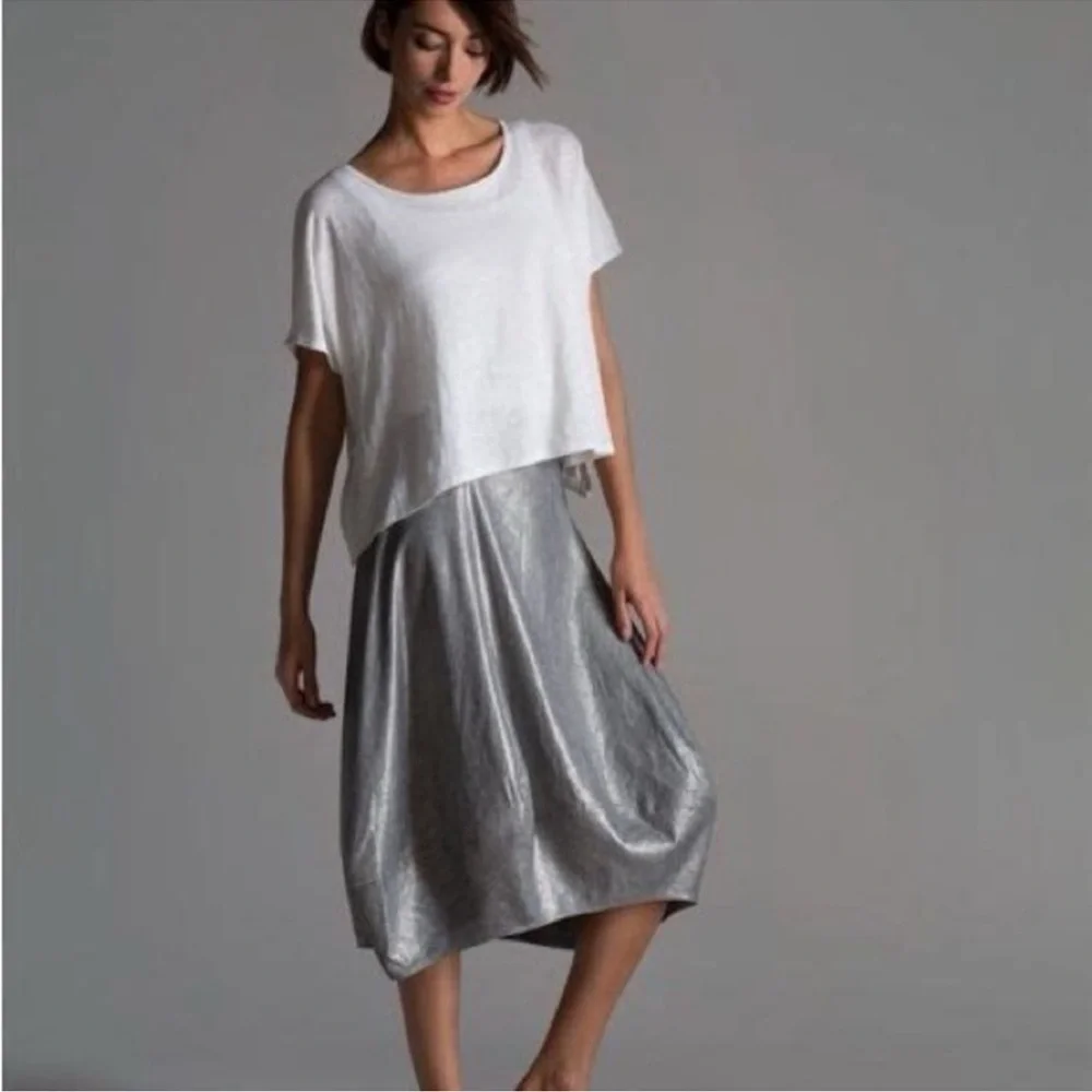 NWOT Eileen Fisher Silver Metallic Linen Blend Lantern Skirt Size L - Picture 3 of 13